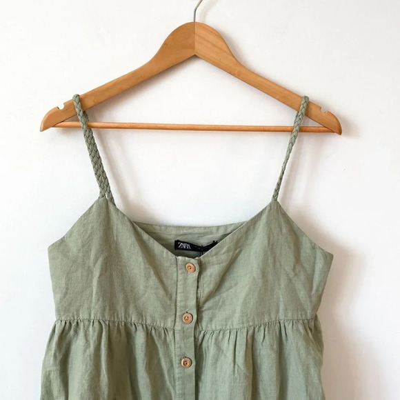 Zara Linen  Blend Woven Strap Mini Tiered Summer Dress Green NWT Size Large - Picture 4 of 7